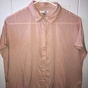 Pink with white polka dot button down shirt